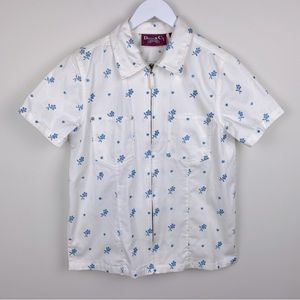 Vintage White Denim & Co. Shirt Women's Size Small Blue Flower Embroidery Zip